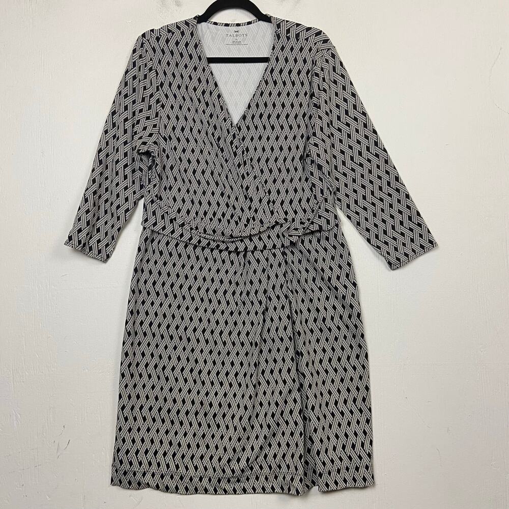 Talbots Black Geometric Faux Wrap Surplice Career Dress Size XL